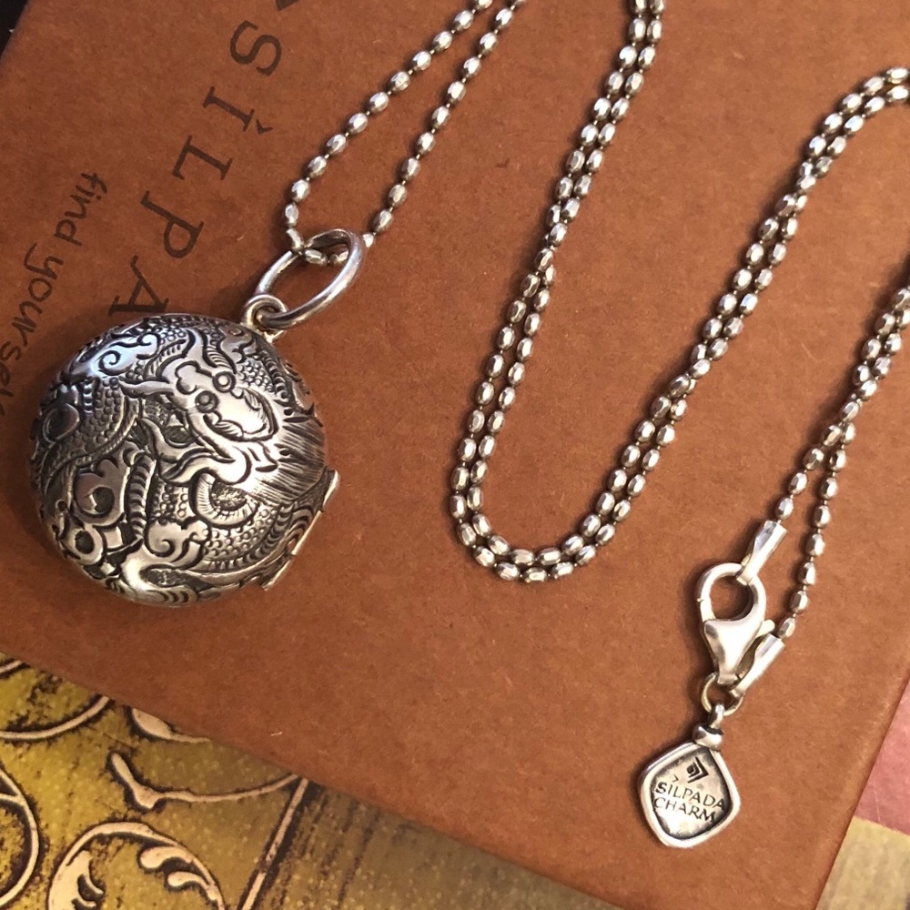 Silpada Sterling Silver Dragon Locket Charm Chain Necklace